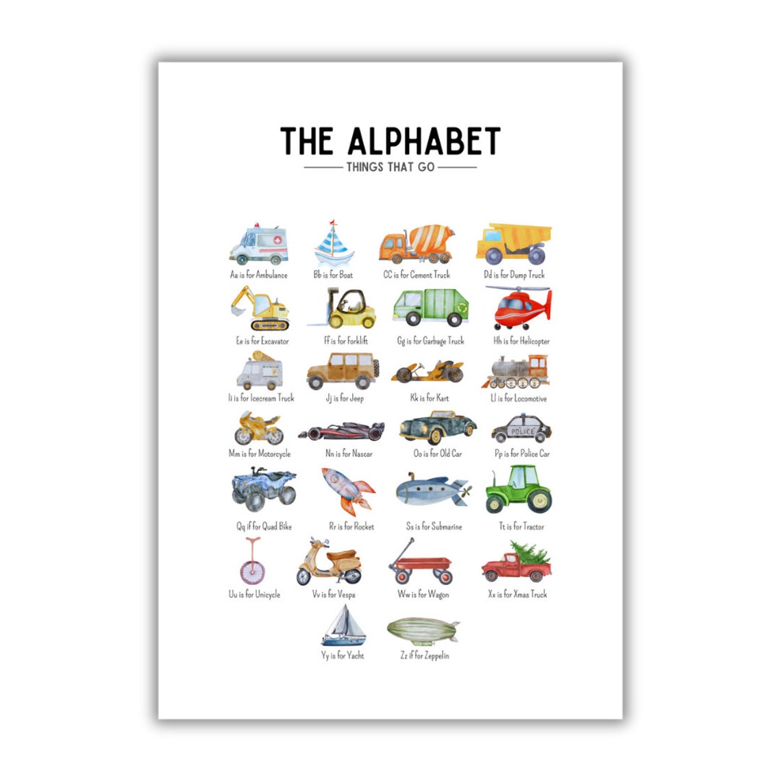 Things That Go Alphabet Poster with Watercolor Vehicles for Kids Room - Image 2