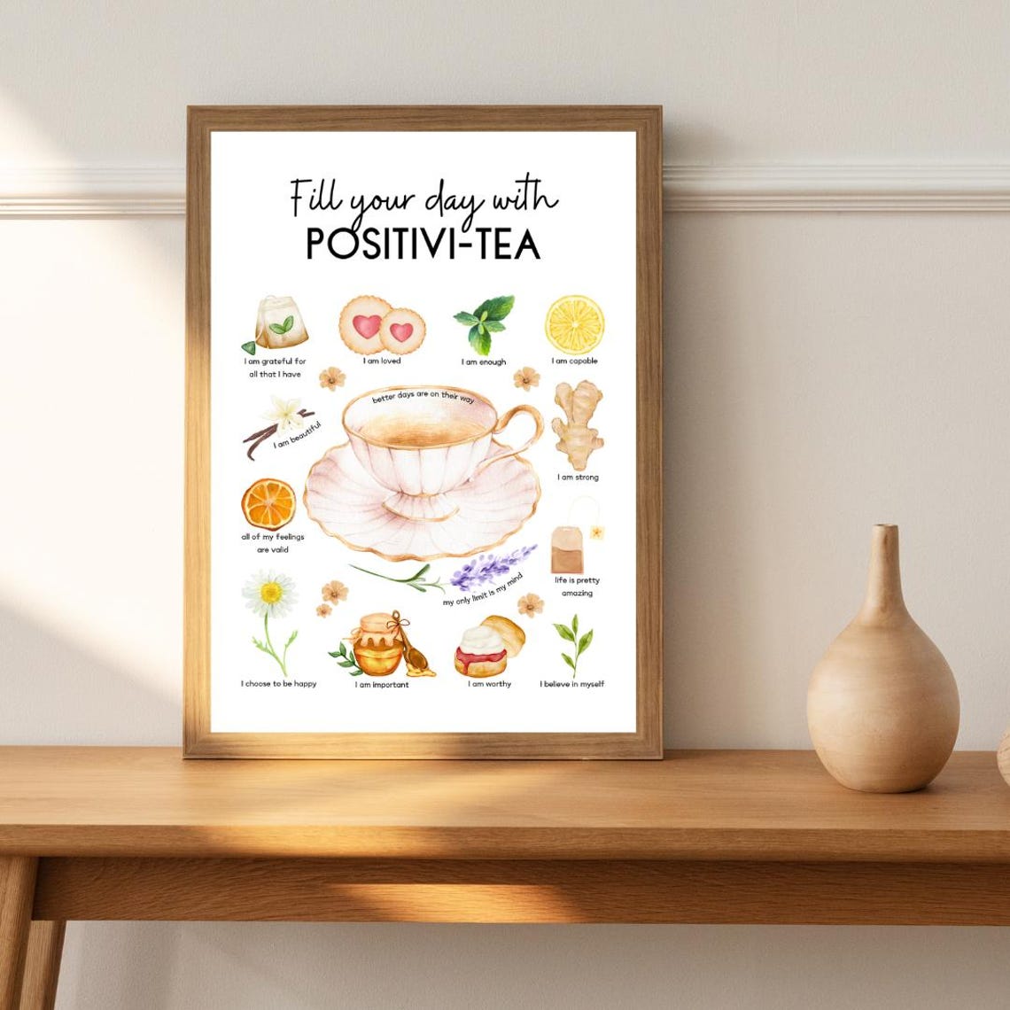 Positivi Tea Affirmations Watercolor Tea Cup Mindfulness Quote Poster - Image 2