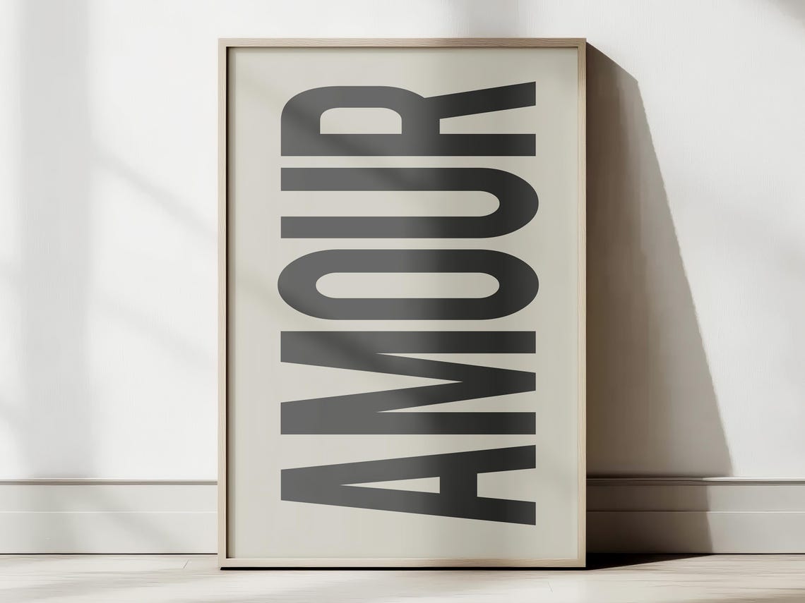 Amour Bold Black Vertical Text Beige French Typography Wall Poster