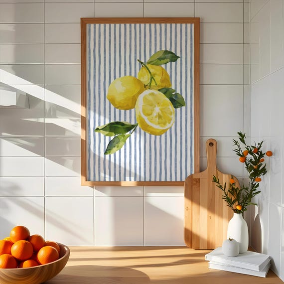 Blue Stripe Lemon Kitchen Wall Art Coastal Fruit Decor Citrus Work For Summer Cottage Dining Room