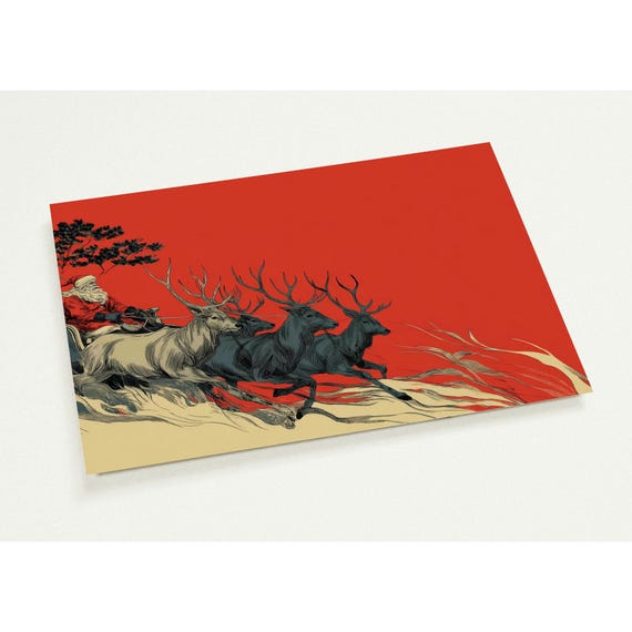 Vintage Red Santa Postcard Pack Of 10 Retro Christmas Sleigh Reindeer Illustration Classic Holiday Art