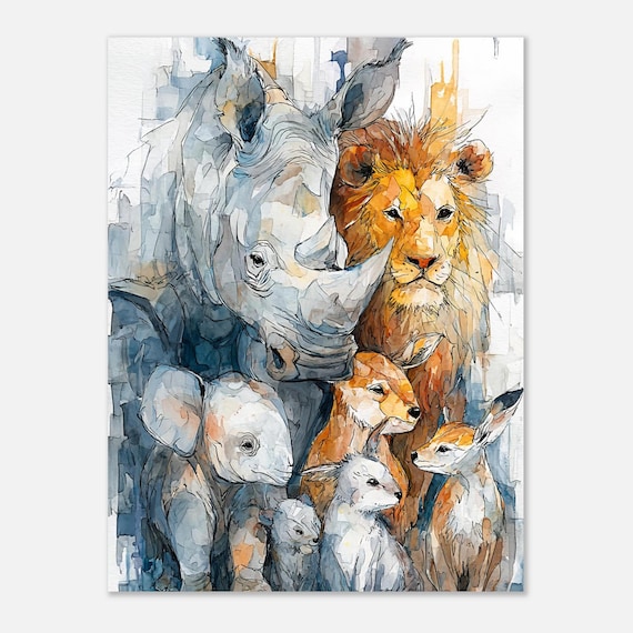 Watercolor Animal Family Lion Rhino Elephant Nursery Art Poster