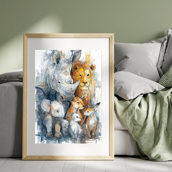Safari Animals Watercolor Rhino Lion Elephant Wildlife Poster