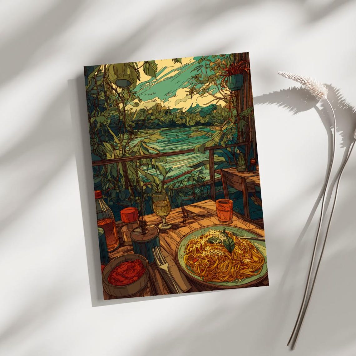 Cozy Italian Riverside Pasta Dinner Sunset Anime Style Art Print