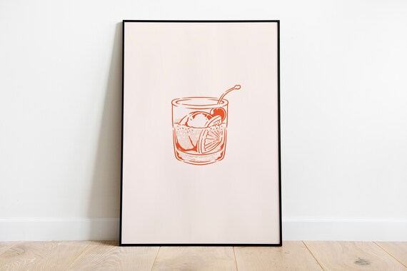 Minimalist Cocktail Glass Line Art Orange Bar Cart Decor Poster