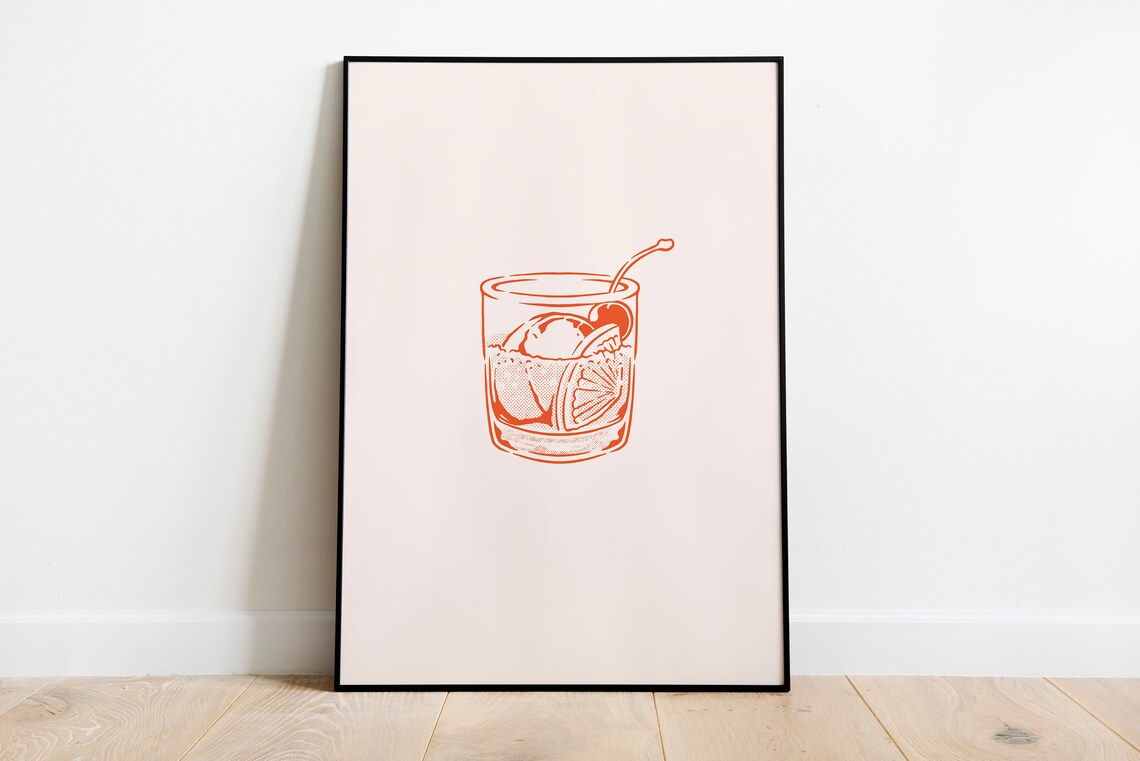 Minimalist Cocktail Glass Line Art Orange Bar Cart Decor Poster