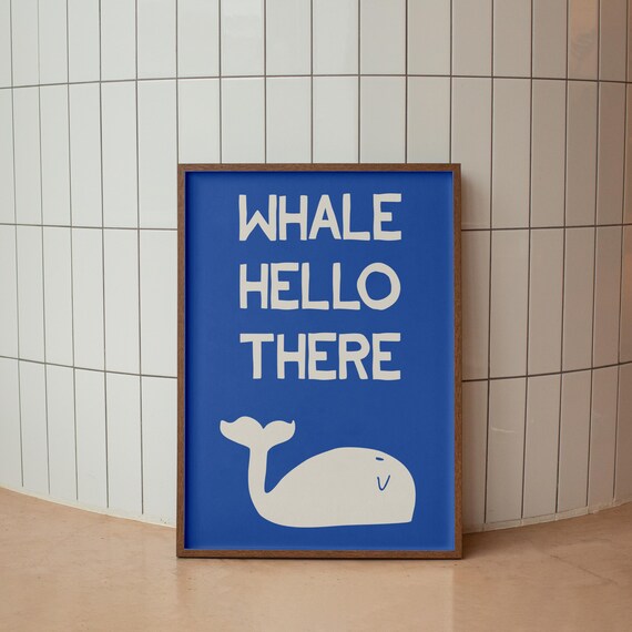 Blue Whale Hello There Pun Navy Ocean Nursery Kids Room Illustration Poster