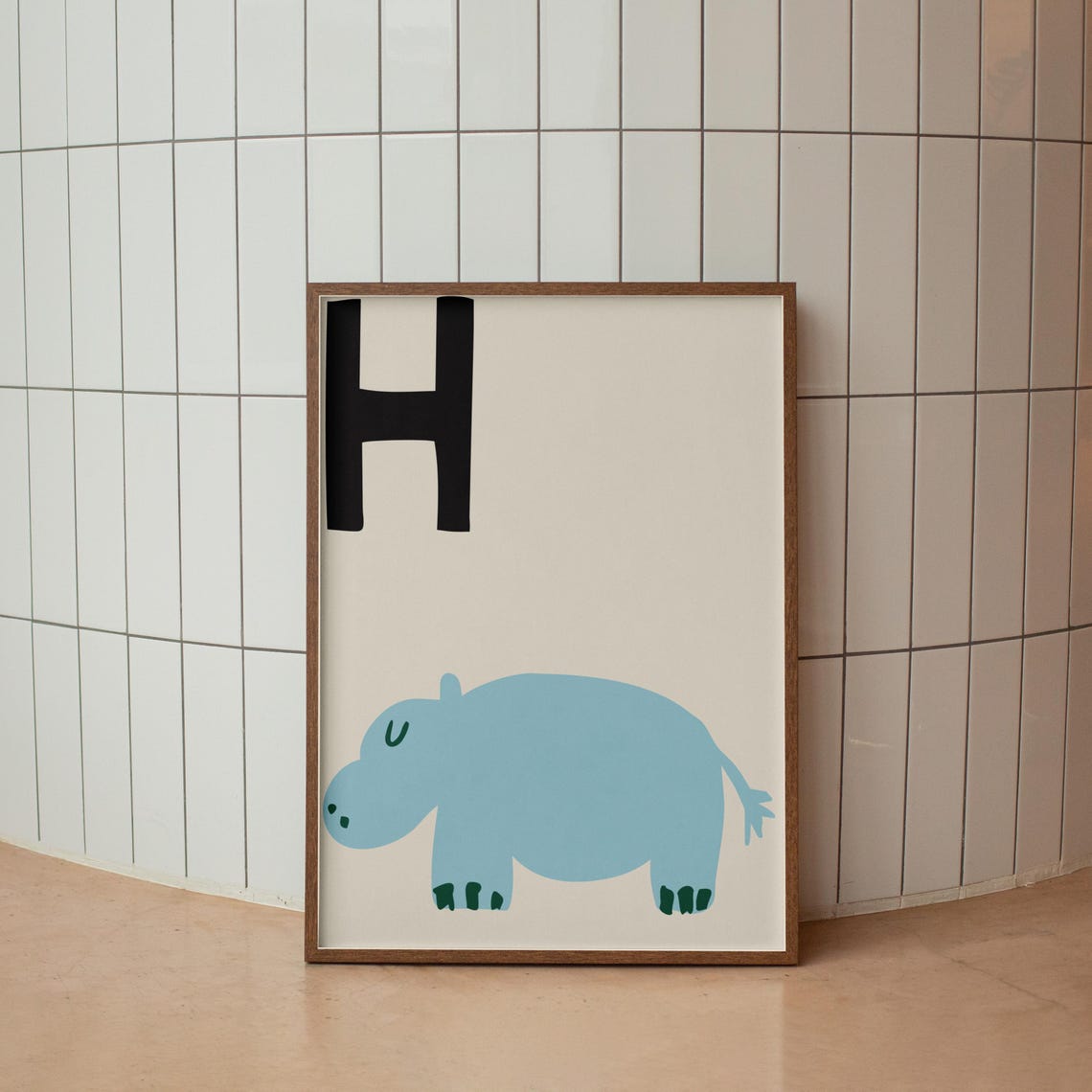 Letter H Cute Blue Hippo Alphabet Kids Animal Nursery Art Poster