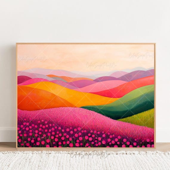 Abstract Summer Mountain Art Colorful Landscape Wall Vibrant Hills Print Whimsical Nature Pink Orange Green Decor Spring