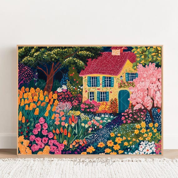Whimsical Garden Print Flower Illustration Spring Art Vibrant Landscape Painting Floral Colorful Wall Bright Scenery