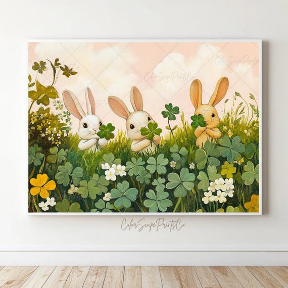 Cute Bunnies Playing With Four Leaf Clover Print St Patricks Day Shamrock Painting Easter Bunny Spring Landscape Green Wall Art
