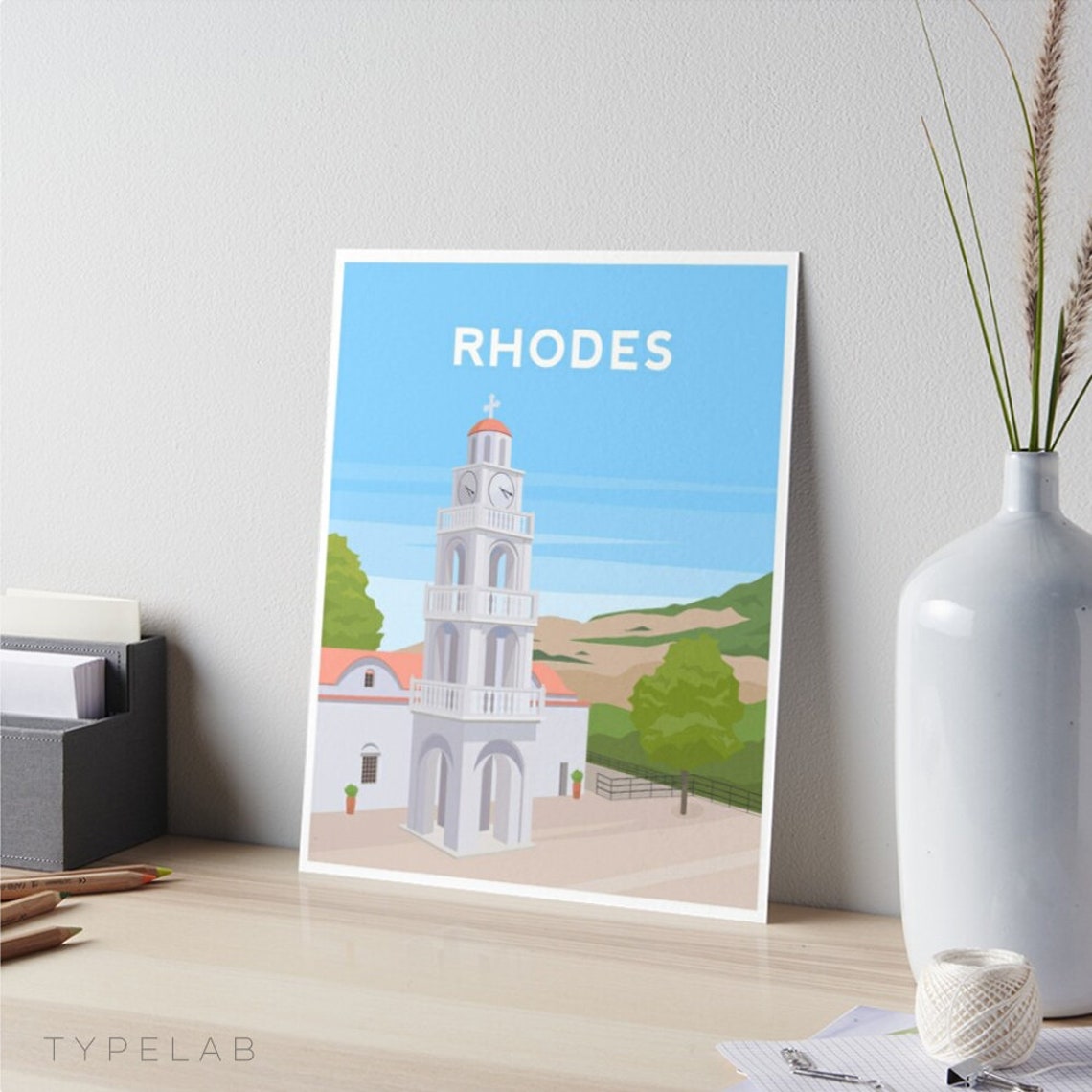 Rhodes Art Print Greece Travel Print Island Of Rhodes Poster Rhodes Wall Decor Greek Church Illustration Greek Landscape Wall Art