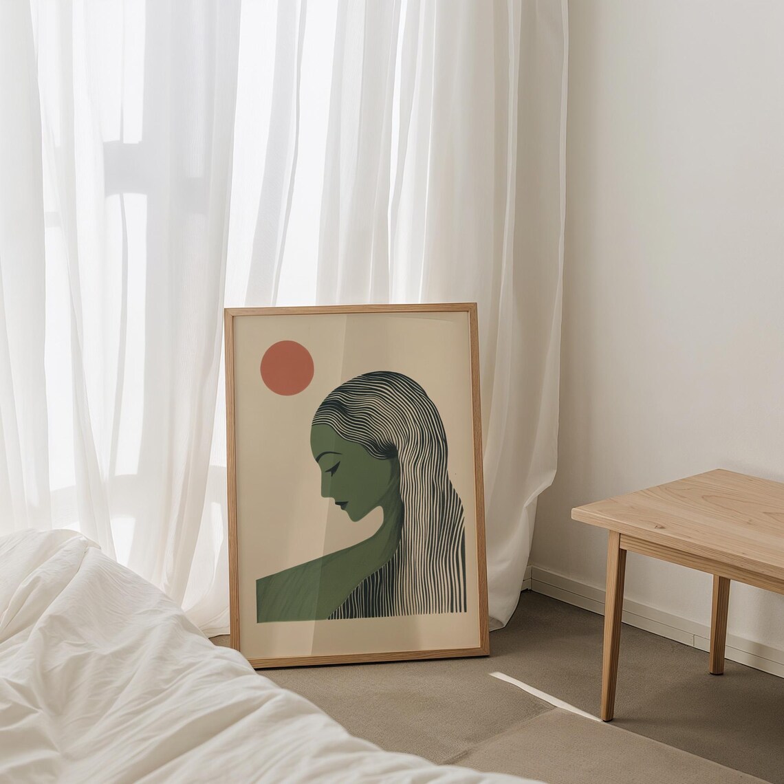 Serene Japandi Woman Profile Green Line Art Japanese Sun Poster - Image 4