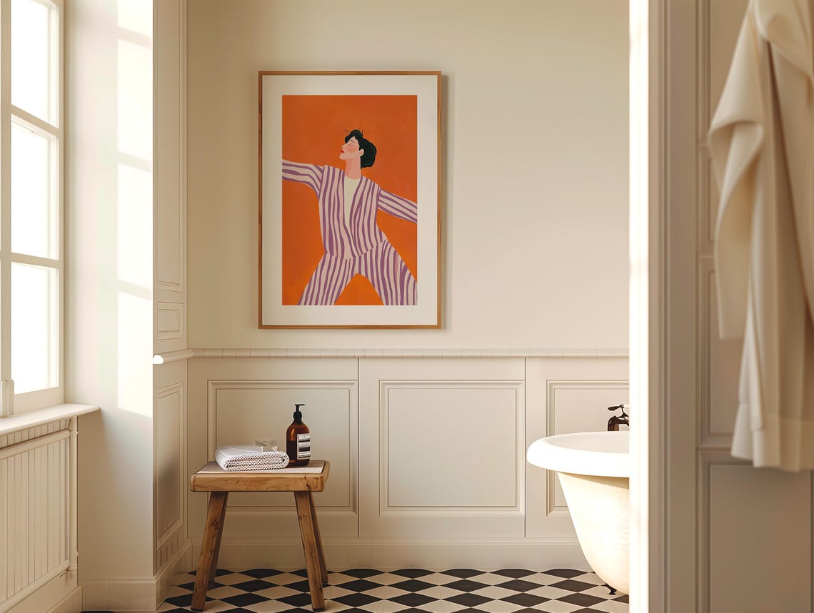 Joyful Dancing Woman in Striped Suit on Orange Background Poster - Image 5