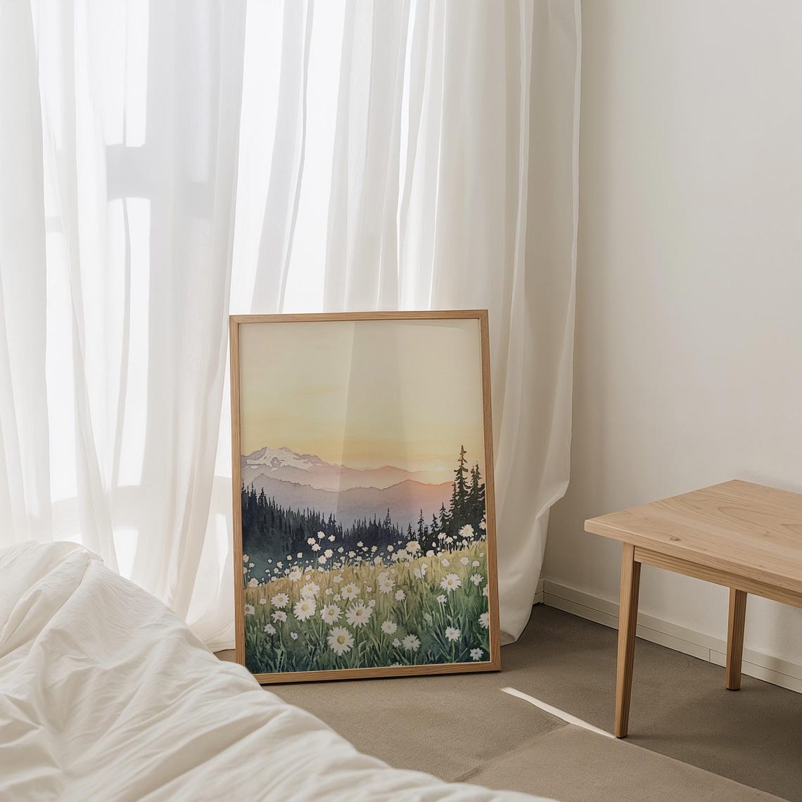 Wildflower Meadow Watercolor Mountain Sunset Landscape Poster - Image 4