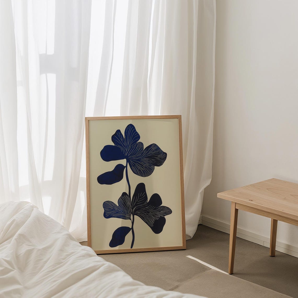 Navy Blue Abstract Flower on Cream Minimalist Botanical Poster - Image 4