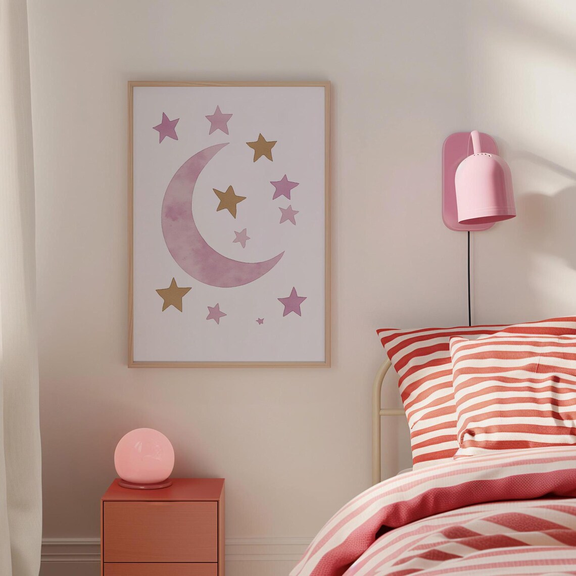 Dreamy Pink Moon and Stars Watercolor Nursery Kids Room Poster