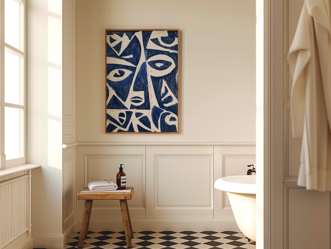 Dramatic Cobalt Blue Abstract Faces Cubist Modern Statement Poster - Image 5