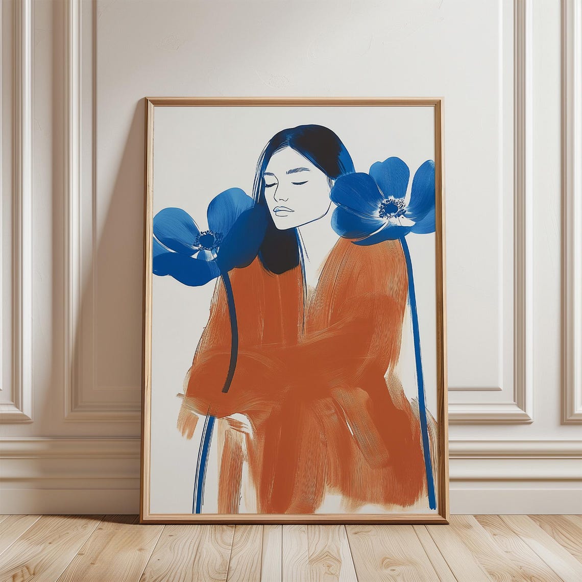 Striking Woman with Blue Anemones Rust Orange Dress Modern Poster
