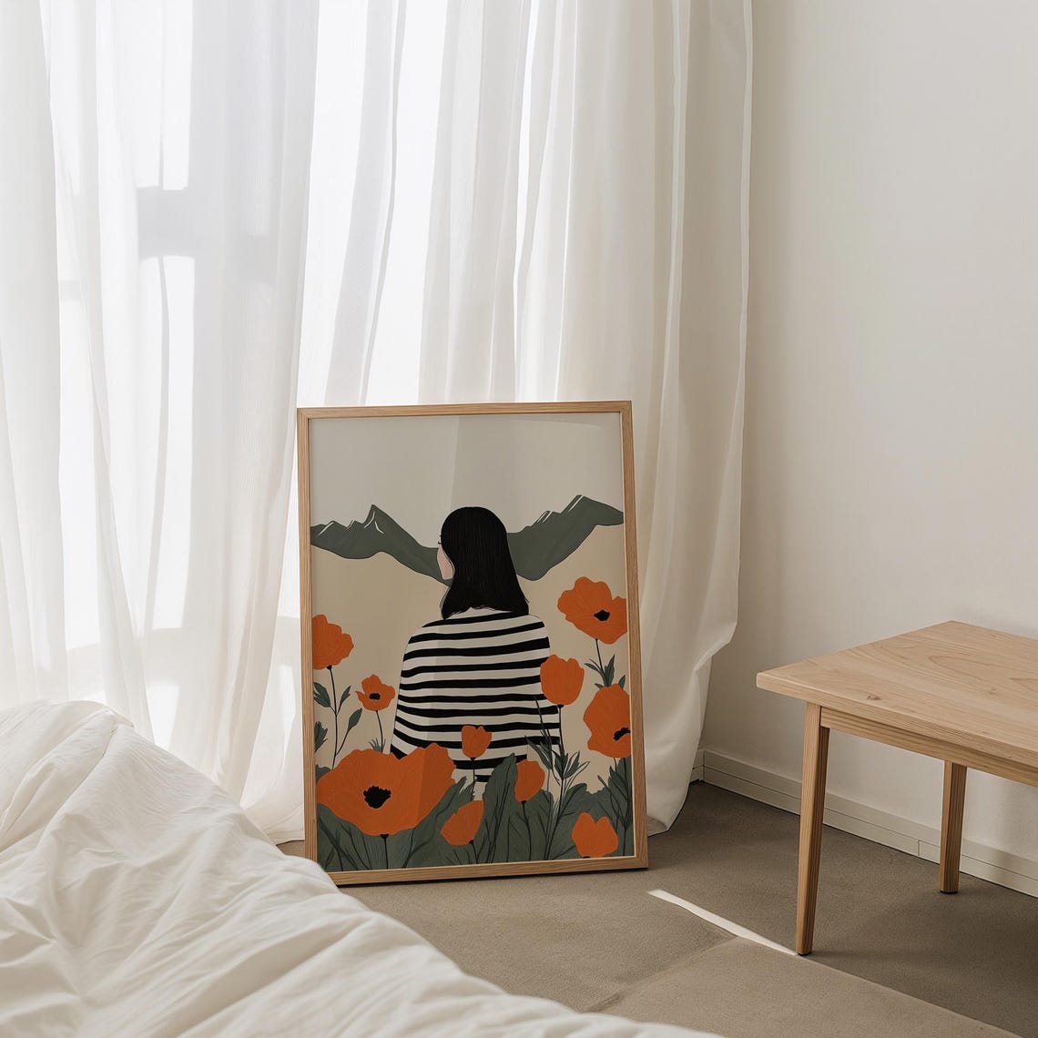 Dreamy Woman Among Orange Poppies Vast Mountains Boho Art Poster - Image 3