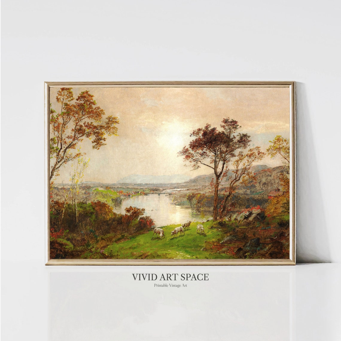 Autumn Valley Lake Landscape With Grazing Sheep Sunset Poster