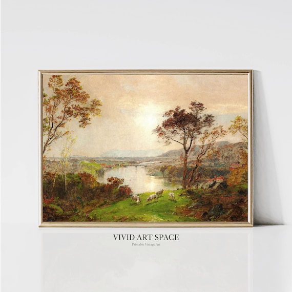 Autumn Valley Lake Landscape With Grazing Sheep Sunset Poster