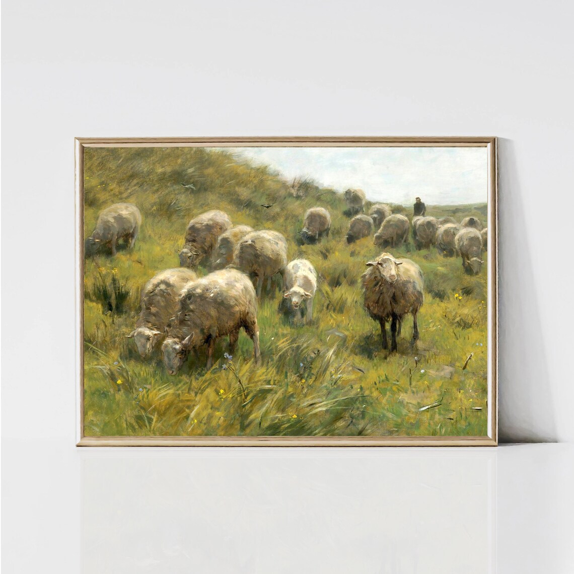 Vintage Sheep Painting Rustic Meadow Landscape Art Print