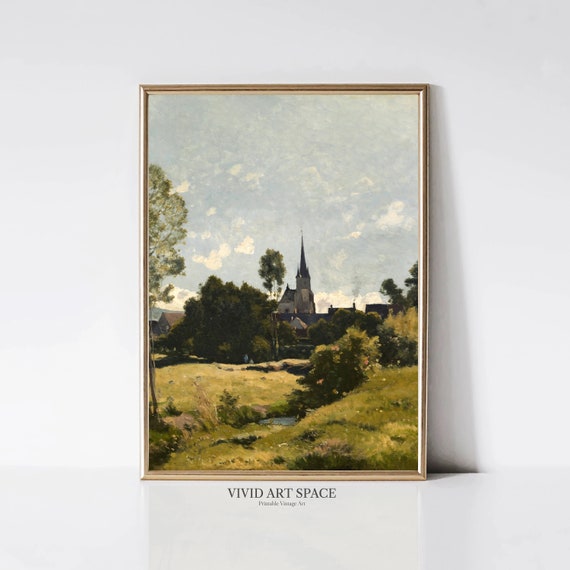 The Village Church Vintage Landscape Painting Print Rustic Country Art Print Moody Art Print Printable Wall Art