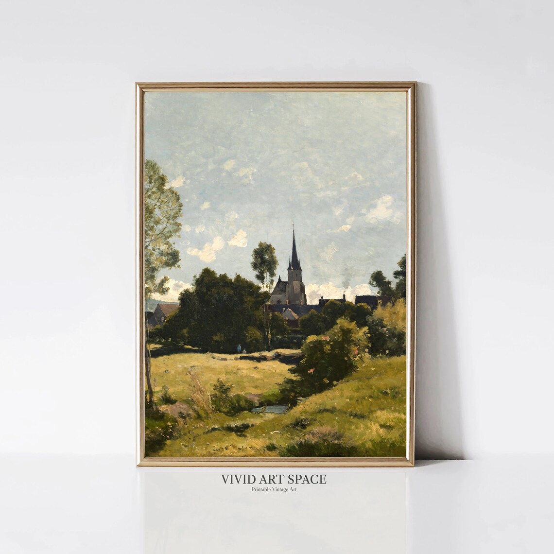 Village Church Spire Golden Meadow Vintage Landscape Painting Poster