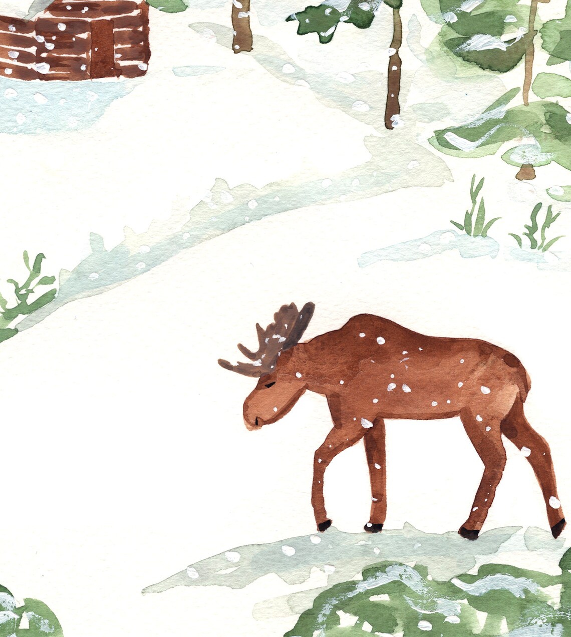 Winter Cottage Art Print, Canadian Moose Landscape - Image 2