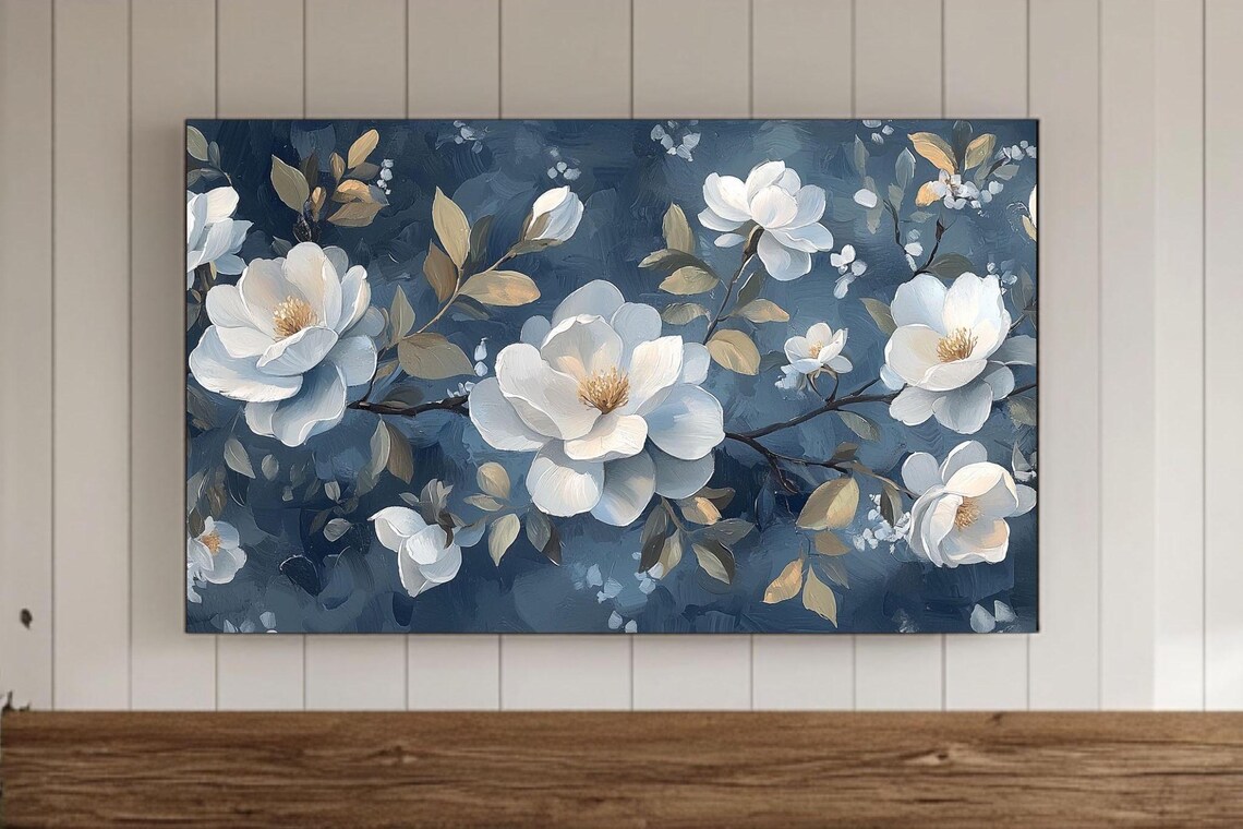 Navy Blue Vintage Flowers Art Print, Rustic Botanical