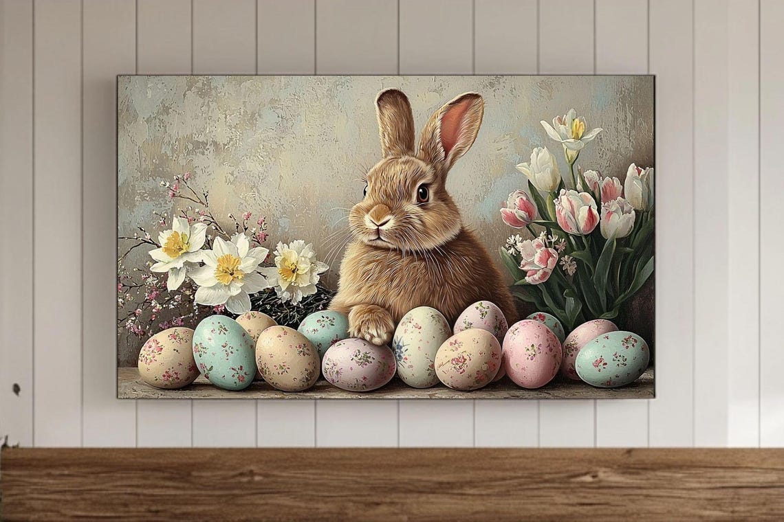 Cute Brown Bunny Surrounded By Floral Easter Eggs Spring Art Print