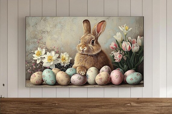 Cute Brown Bunny Surrounded By Floral Easter Eggs Spring Art Print