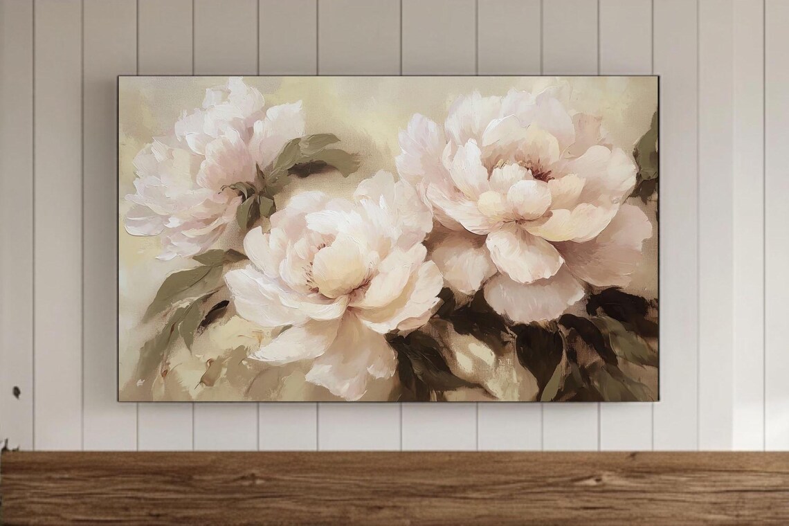 White Peony Flowers Soft Vintage Style Floral Oil Painting Poster