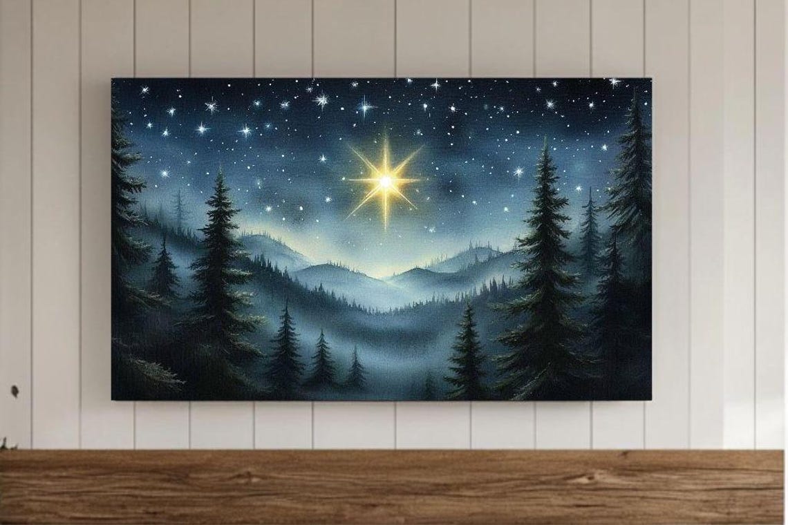 Starry Night Bethlehem Star Misty Pine Mountains Winter Poster