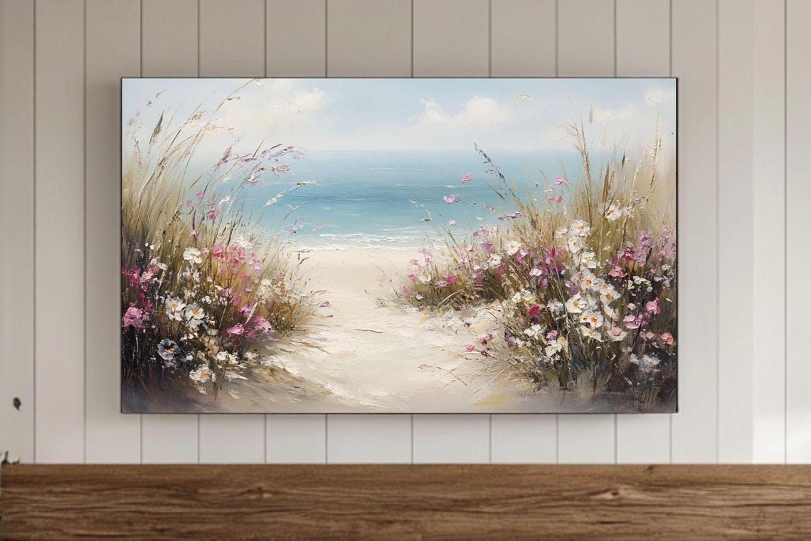 Beach Path Through Dune Wildflowers Coastal Oil Painting Poster