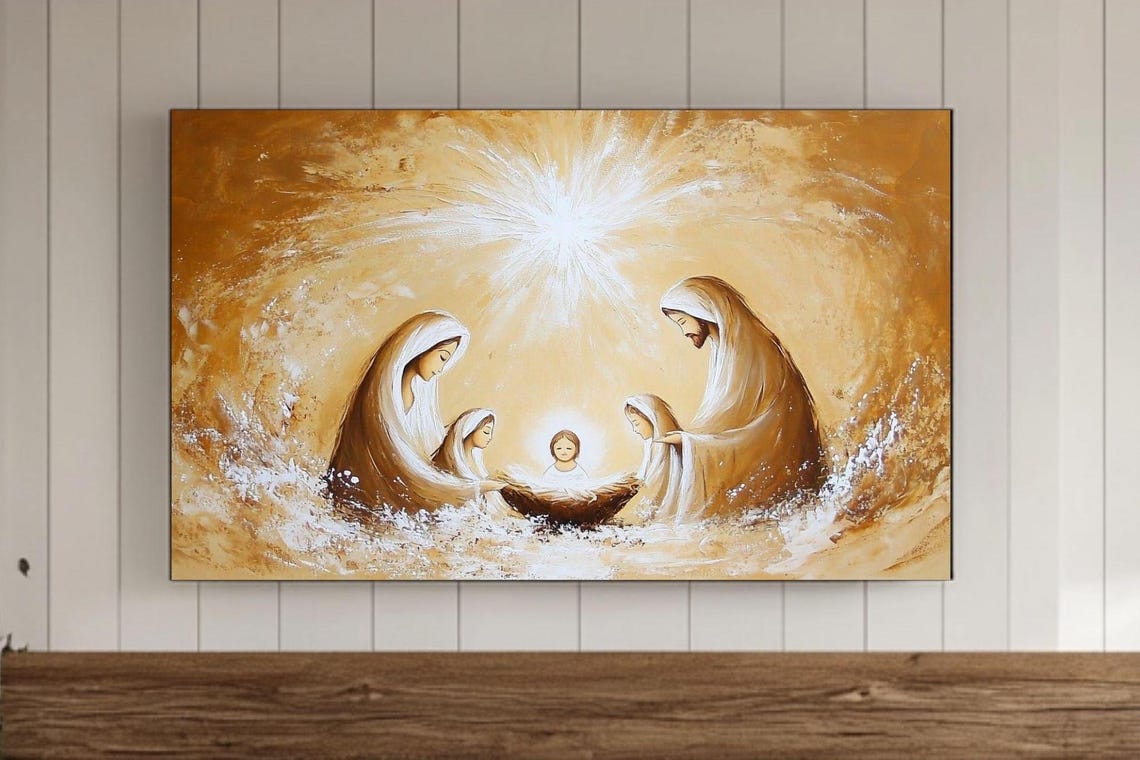 Family Praying Around Baby Jesus Under the Star Nativity Poster