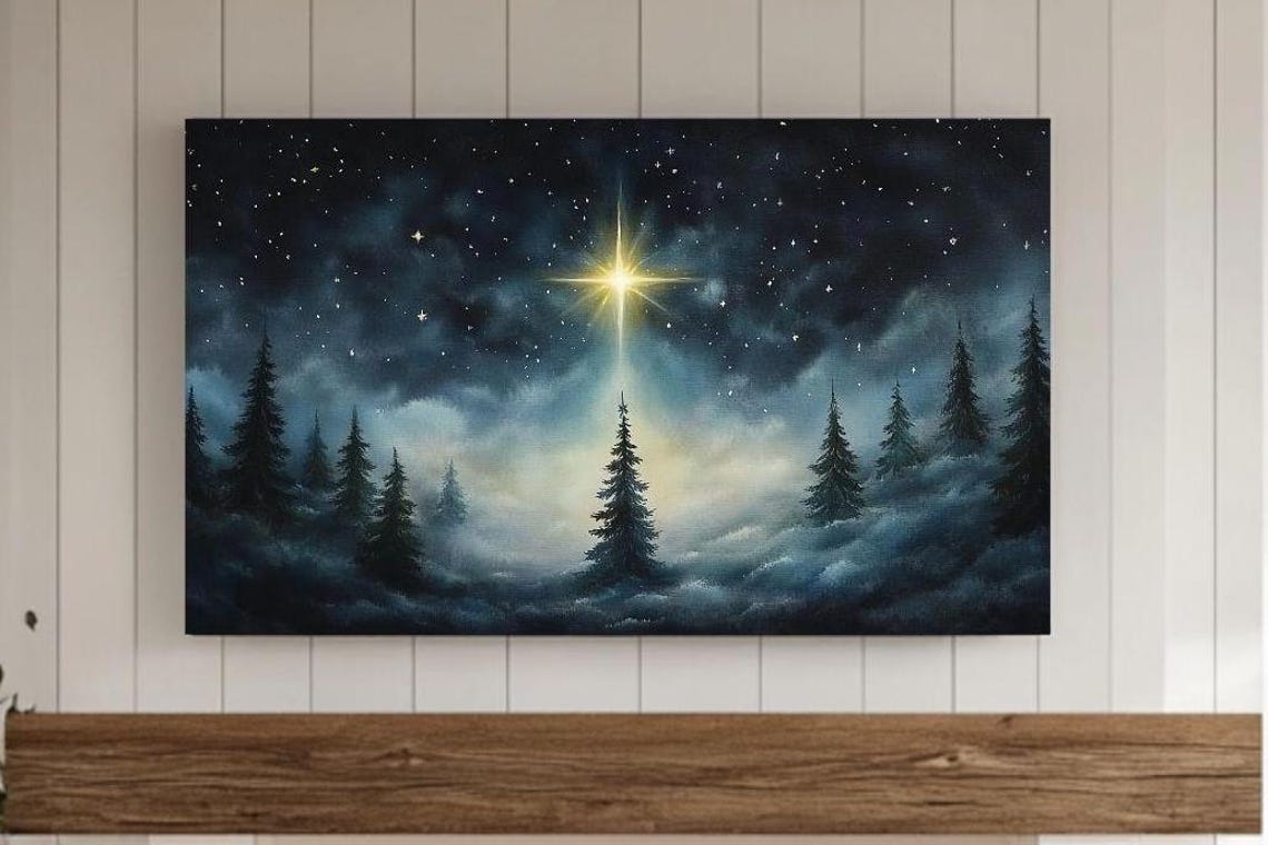 Christmas Star Shining Over Snowy Evergreen Forest Night Poster