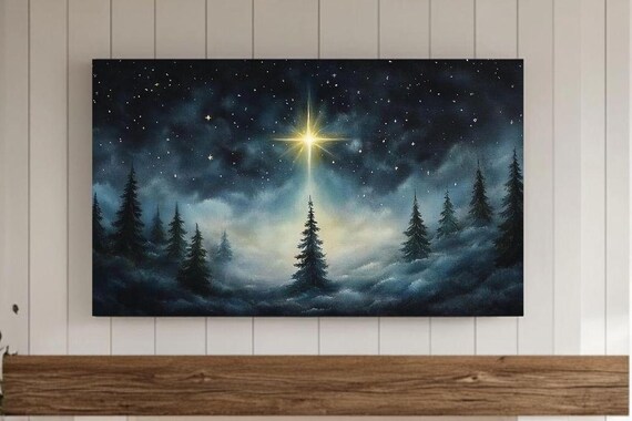 Christmas Star Shining Over Snowy Evergreen Forest Night Poster
