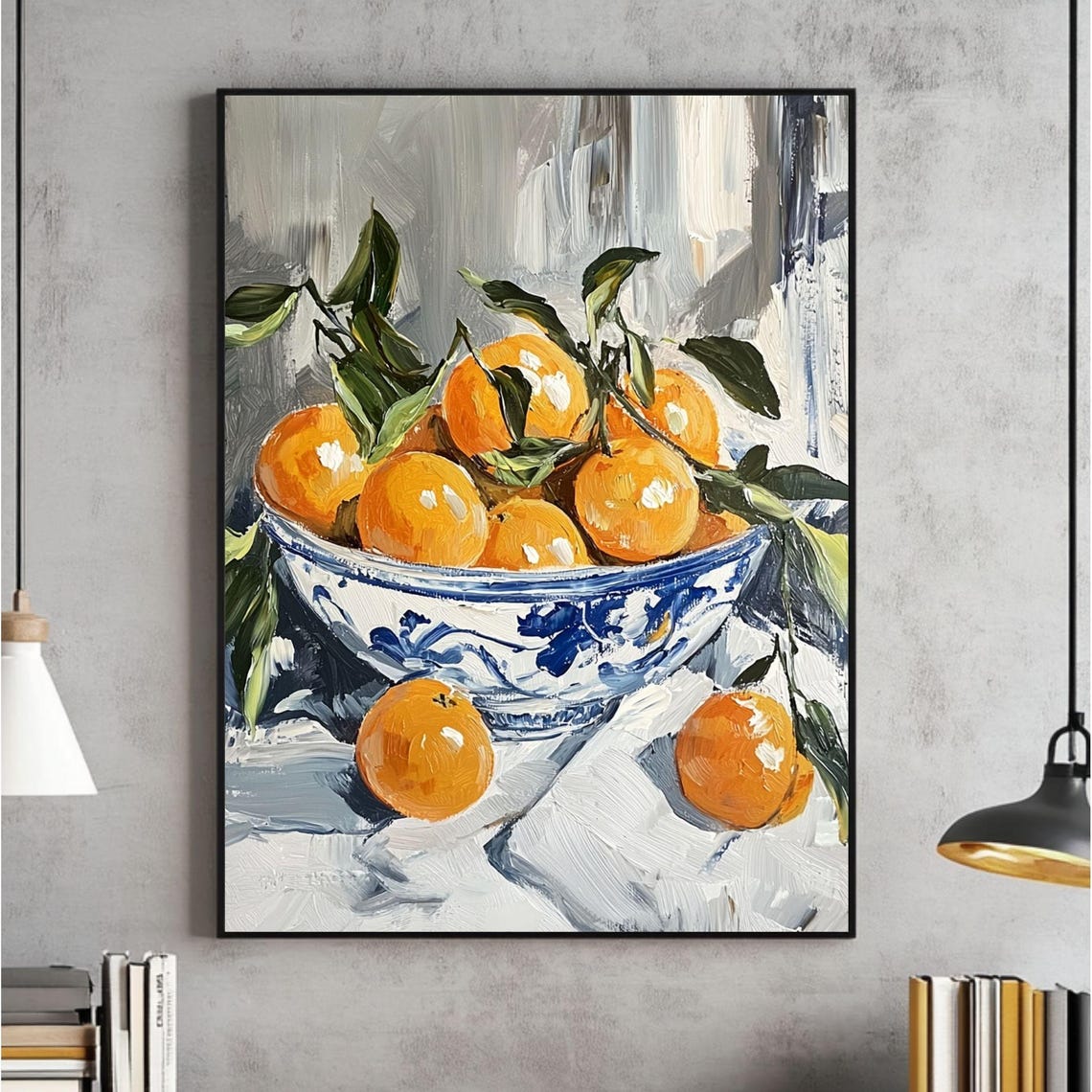 Orange Still Life Painting With Blue And White Porcelain Bowl Poster