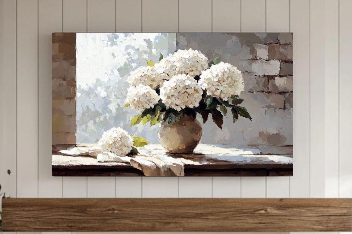 White Hydrangeas In Stoneware Vase By Bright Window Shabby Chic Poster