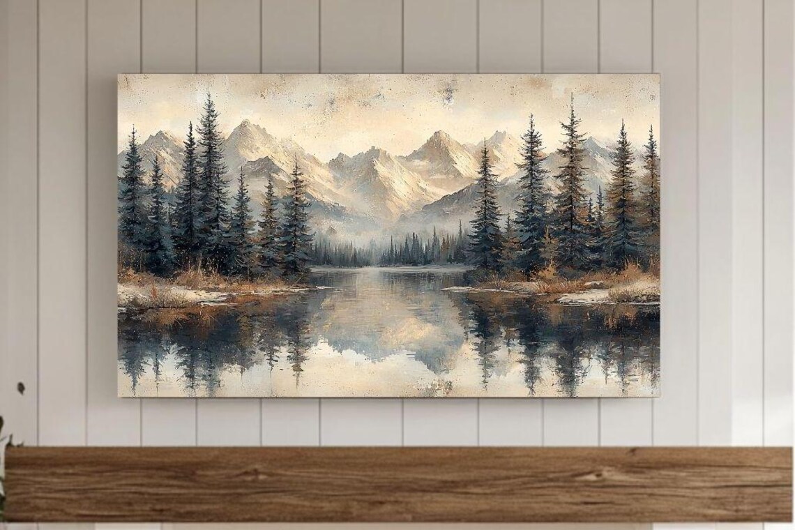 Snowy Mountain Lake Pine Forest Vintage Landscape Painting Poster