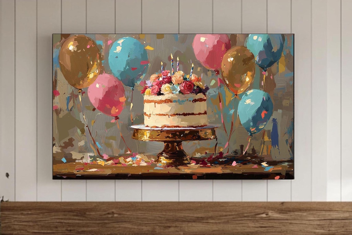 Vintage Happy Birthday Cake Poster, Retro Birthday Decor