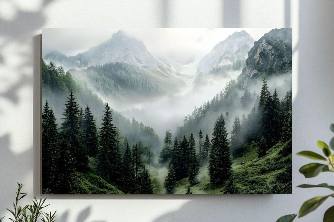 Forest Mountains Art Print, Misty Green Landscape