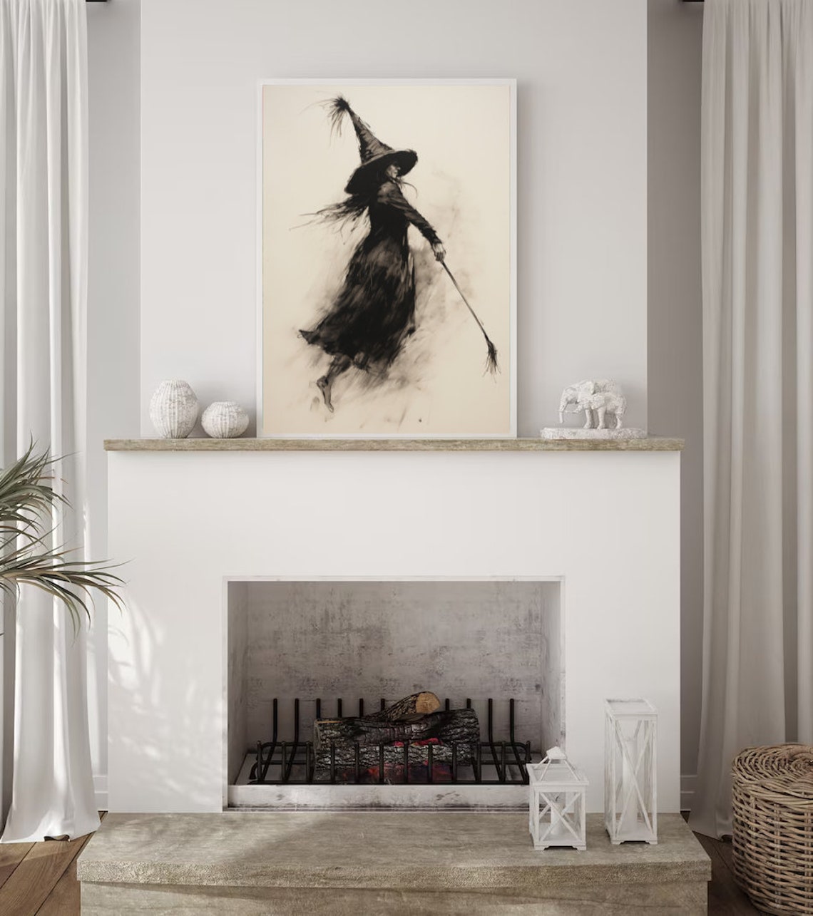 Witch With Broom Walking Ink Sketch Minimalist Spooky Halloween Poster - Image 5