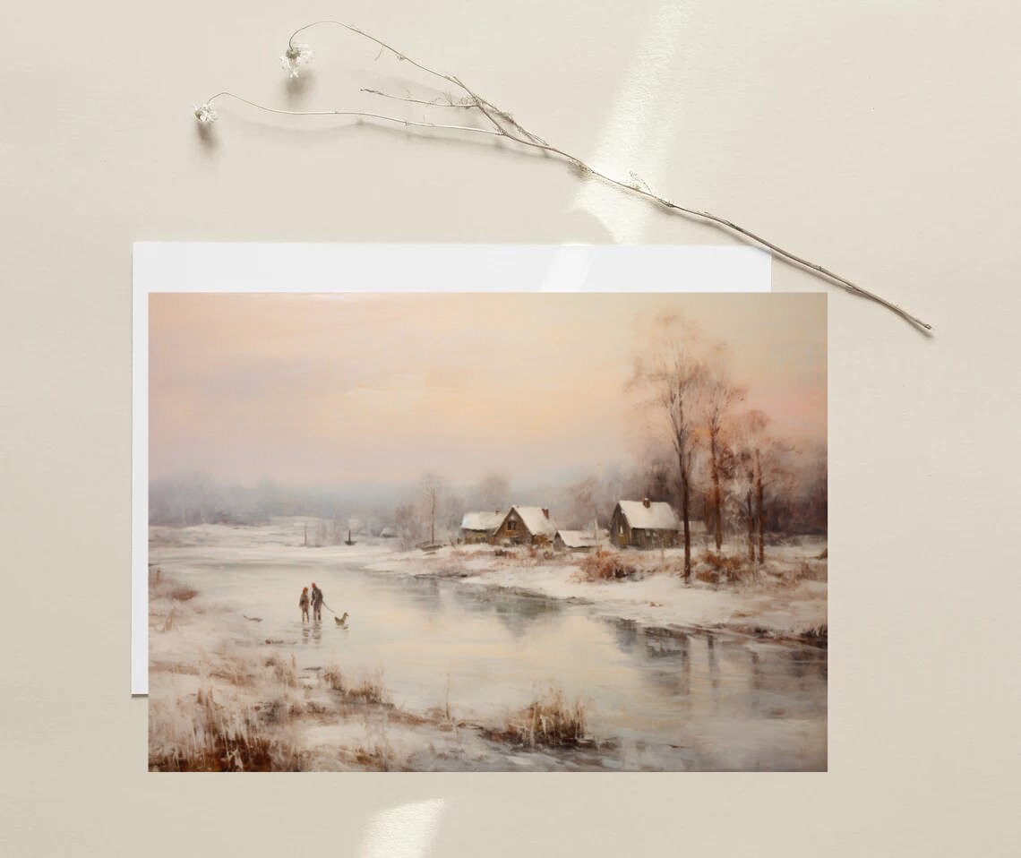 Frozen Lake Skaters Vintage Moody Winter Landscape Painting Art Print - Image 4