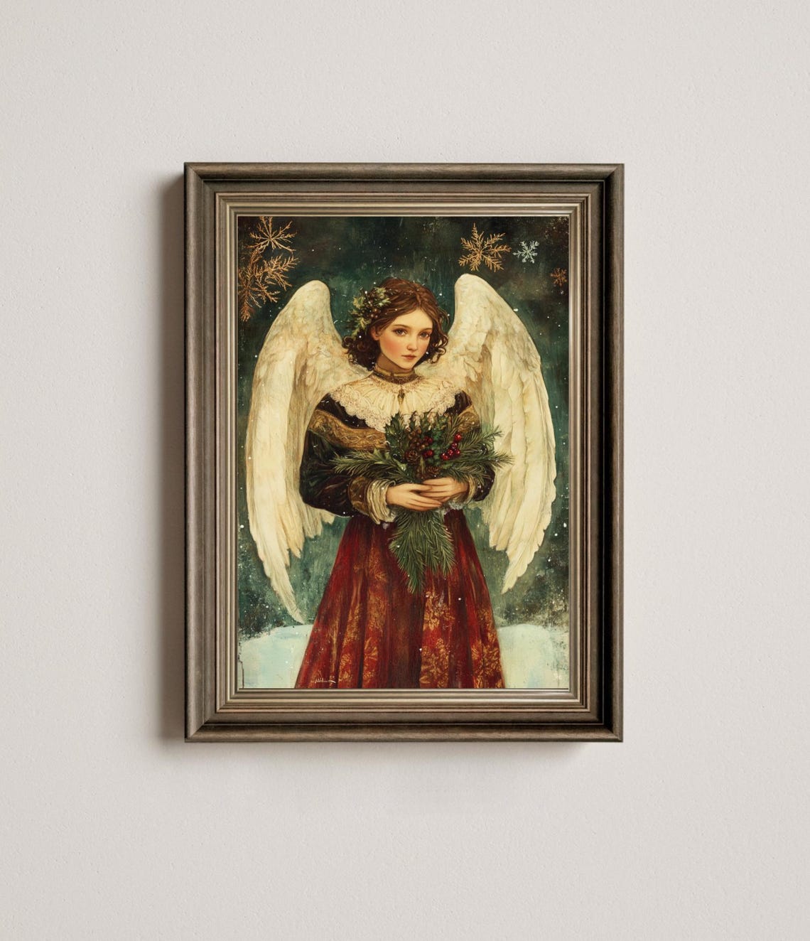 Vintage Christmas Angel White Wings Holly Berries Holiday Poster - Image 3
