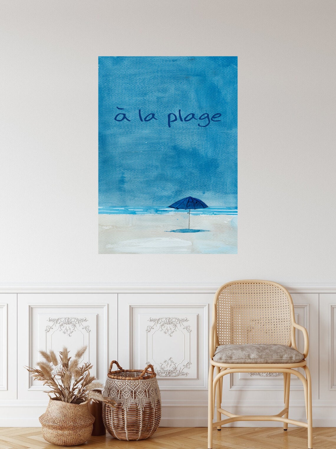 A La Plage Blue Watercolor Beach Art Minimalist Umbrella Poster - Image 2