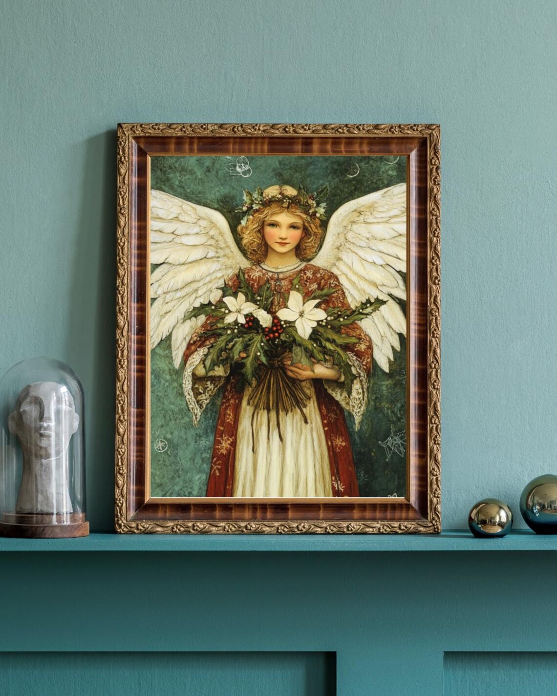 Christmas Angel Holding White Poinsettias Vintage Holiday Art Poster - Image 2