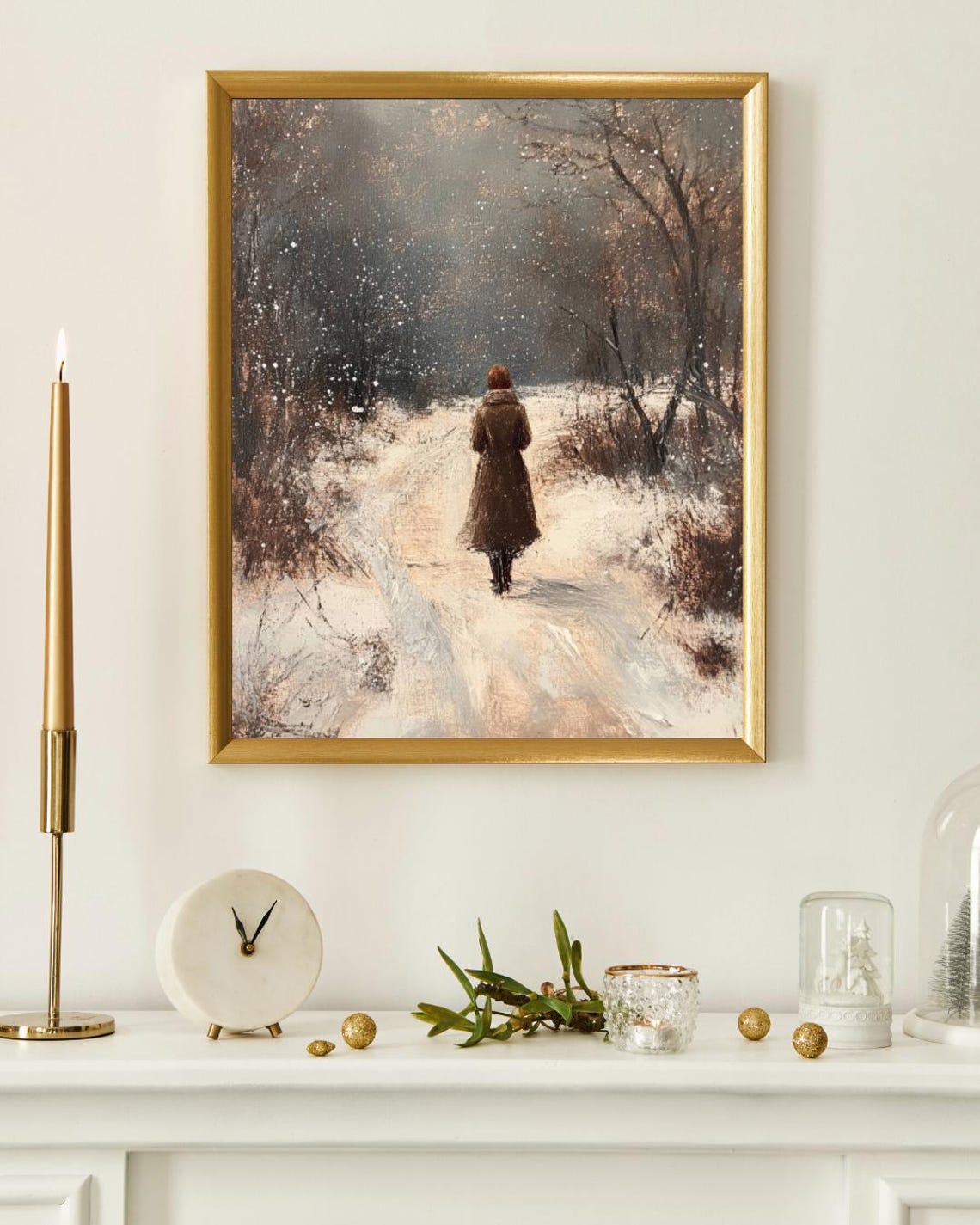Antique Winter Oil Painting A Walk In The Snow Impressionistic Vintage Landscape Farmhouse Print Winter Walk Moody Winter Painting - Image 3